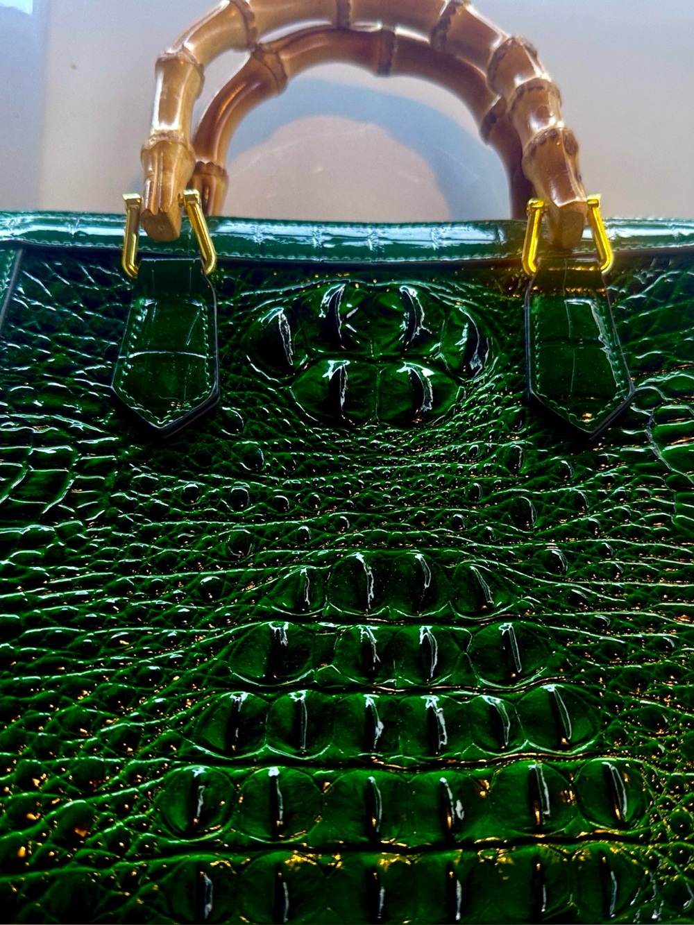 Green Croc-Embossed Tote Bag with Bamboo-Style Handles